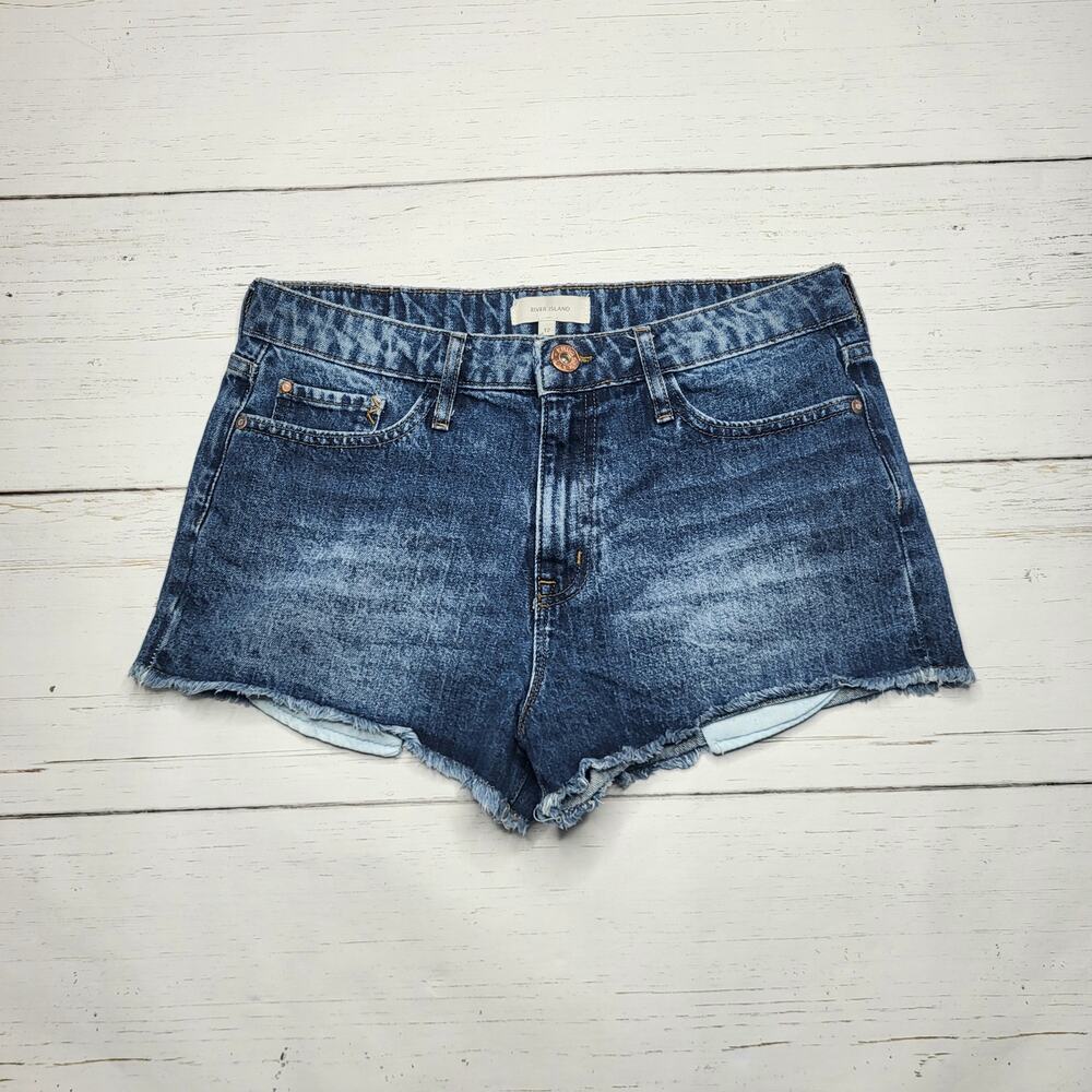 River Island Denim Jean Shorts Cutoff Raw Hem Dark Patch Skull Rose Rainbow 8